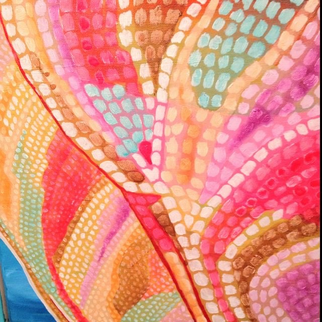 A multicolored acrylic painting of a dragonfly wing, zoomed in